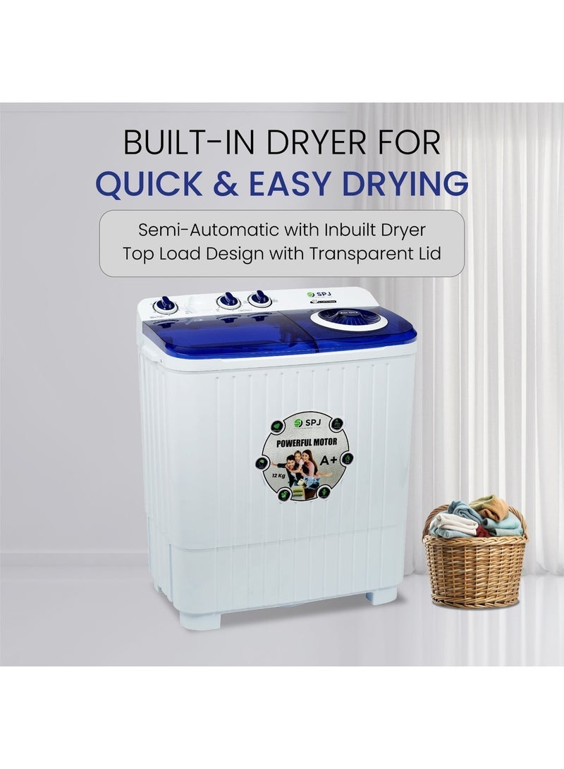 SPJ 12kg Semi Automatic Washing Machine Twin Tub, Top Load, Powerful Wash & Spin Dryer, Transparent Lid, Energy Saving – White - Image 5